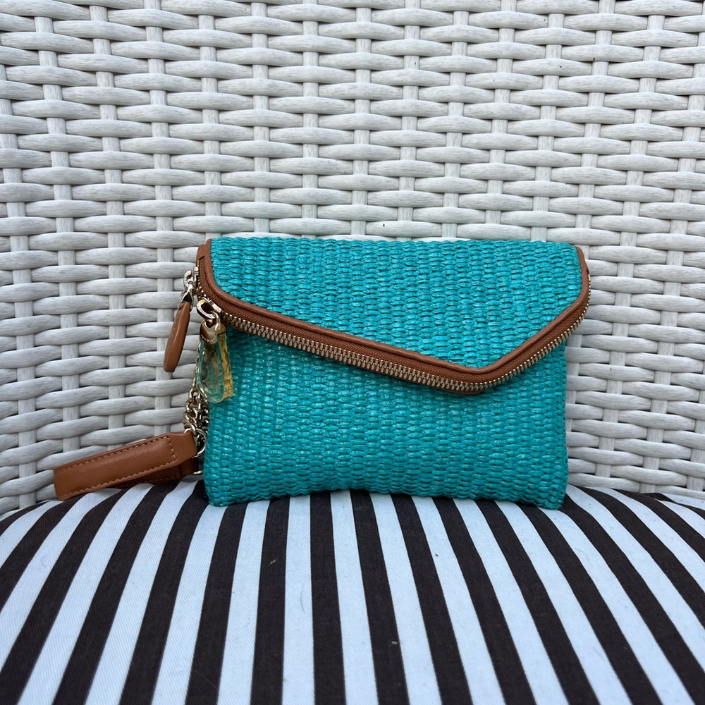Henri Bendel Debutante Asymmetrical Folding Turquoise Raffia Wristlet/Clutch